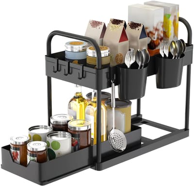 2-Laags Ondergootsteen Opbergrek – Keuken & Badkamer Organizer met Haken en Bekers – Zwart