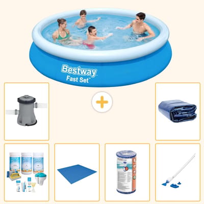 Bestway Rond Opblaasbaar Fast Set Zwembad - 366 x 76 cm - Blauw - Inclusief Onderhoudspakket - Grondzeil - Filter - Stofzuiger - Zwembadfilterpomp - Solarzeil - 7-delig