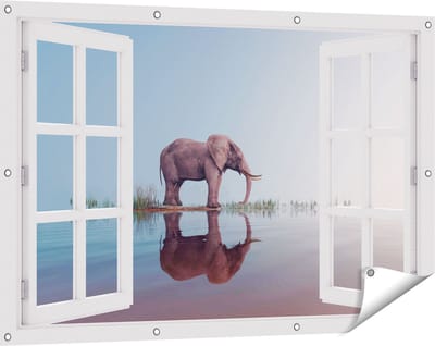 Gards Tuinposter Doorkijk Olifant bij het Water - 120x80 cm - Tuindoek - Tuindecoratie - Wanddecoratie buiten - Tuinschilderij
