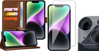 Hoesje geschikt voor iPhone 14 Plus - Book Case Kunstleer Wallet Cover Portemonnee Pasjeshouder Hoes Bruin - Tempered Glass Screenprotector - Camera Lens Protector