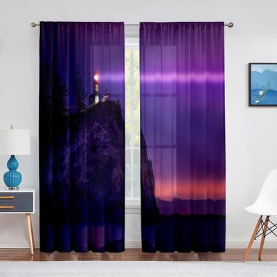 Oceaan Vuurtoren Mistige Wolken Maan Nachtzicht Tule Gordijnen voor Woonkamer Slaapkamer Raamgordijn Keuken Transparant Voile Gordijn 1 PCS W100XH250cm&Grommet Top