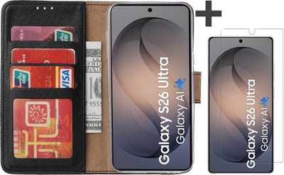 Hoesje met Screenprotector Geschikt voor Samsung Galaxy S26 Ultra – Arara bookcase met pasjeshouder - Zwart