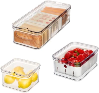 Famanu - Opbergbakken, koelkastorganisatoren met deksels, set van 3, gemaakt van gerecycled kunststof, keukenaccessoires voor het vers houden van voedsel, transparant, helder, wit