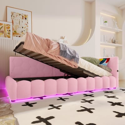 Ligbed - 90x200cm - slaapbank - zonder matras - LED-verlichting - USB-poort - Type-C - imitatiefleece - roze
