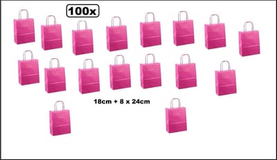 100x Papieren koordtas fuchsia 18x8x24cm - goodiebag|papieren|draagtas|tas|koord|festival|kado|themafeest|party|geschenken