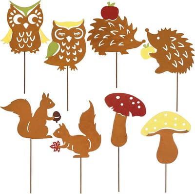 Tuinstekers voor herfstdecoratie, 25 cm, kleurrijk, roestlook, met egel, uil, paddenstoel, metalen decoratie voor binnen en buiten