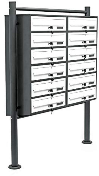 Mailbox systeem met 12 brievenbussen en standaardbasis, gepoedercoat in antraciet-wit