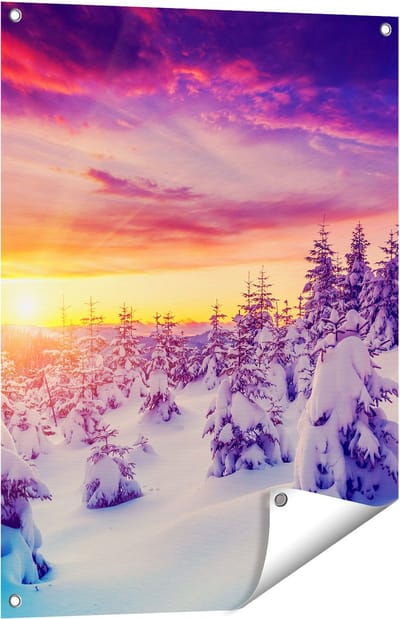 Gards Tuinposter Zonsondergang in het Sneeuw Bos - 60x80 cm - Tuindoek - Tuindecoratie - Wanddecoratie buiten - Tuinschilderij