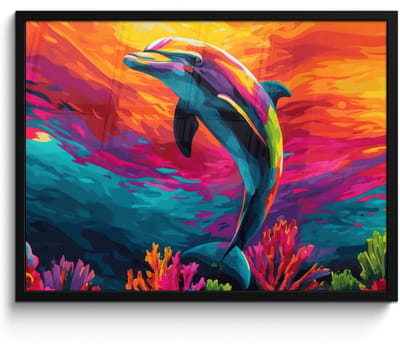 Poster in lijst - Fotolijst 80x60 cm - Posters - Dolfijn - Kleurrijk - Oceaan - Koraal - Posterlijst zwart - Decoratie - Wanddecoratie woonkamer - Muurdecoratie slaapkamer