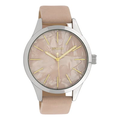 OOZOO Timepieces - Zilverkleurige horloge met zacht roze leren band - C10072