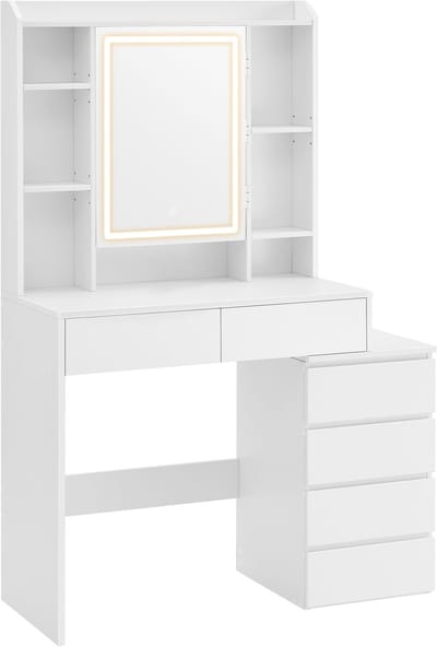 VASAGLE - Kaptafel - Kaptafel met LED-Verlichting - Verstelbare Helderheid - Spiegel en Lades