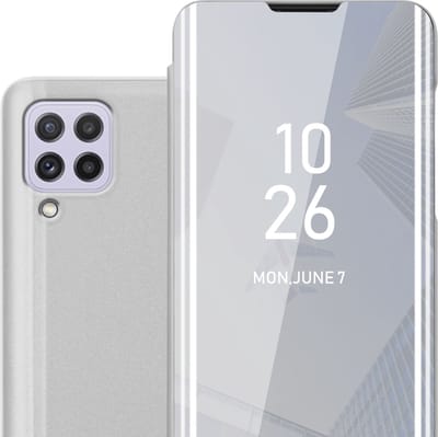 Cadorabo Hoesje geschikt voor Samsung Galaxy A22 4G / M22 / M32 4G in AGAAT ZILVER - Clear View Spiegel Beschermende Case met Tribunefunctie 360 Graden Bescherming Book Case Cover Etui