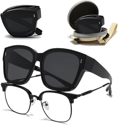 Gepolariseerde Overzet Zonnebril - Opvouwbaar Sunglasses - Met opbergdoos - Fietsbril - Sportbril - UV bescherming en ultralichte - Fit over glazen - Voor Autorijden, Sport en vissen - Zwart