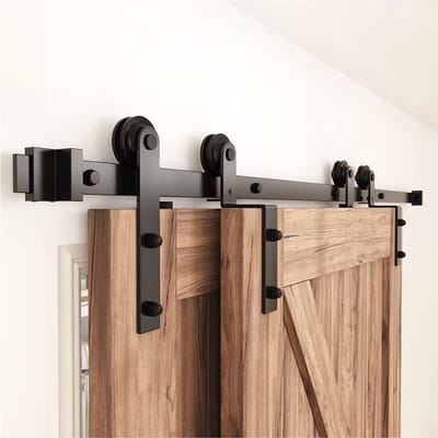 183 cm Enkelsporige Bypass Schuifdeur Track Dubbele Deur Kit, Zware Barn Schuifdeur Kast Kit, Mat Zwart Koolstofstaal I-vormige Hanger, Geschikt voor Dubbele 91,5 cm Brede Deur