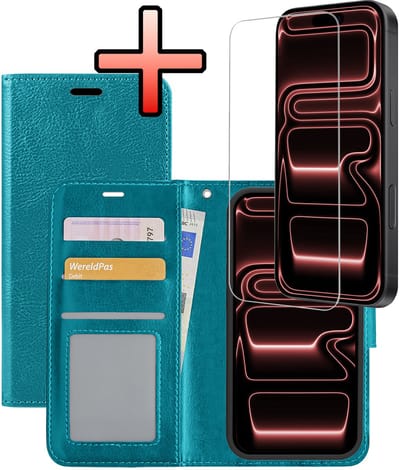 Hoesje - Met Screenprotector - Geschikt voor Apple iPhone 17 Pro - Luxe Pasjeshouder - Bookcase Portemonee - Flip Case - Kunstleer Book Case - Flipcase - Book Cover - Walletcase - Portemonneehoes - Turquoise