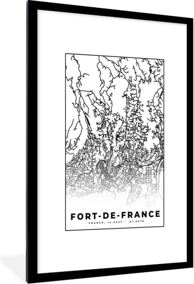 Fotolijst incl. Poster Zwart Wit- Kaart - Plattegrond - Frankrijk - Fort-de-France - Stadskaart - Zwart wit - 80x120 cm - Posterlijst