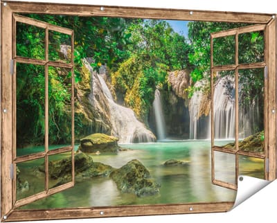 Gards Tuinposter Doorkijk Tropische Waterval - 150x100 cm - Tuindoek - Tuindecoratie - Wanddecoratie buiten - Tuinschilderij