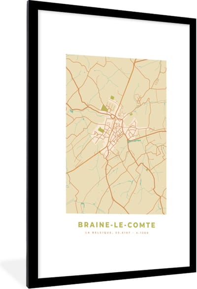 Fotolijst incl. Poster - Kaart - Vintage - Braine-le-Comte - Plattegrond - Stadskaart - 60x90 cm - Posterlijst