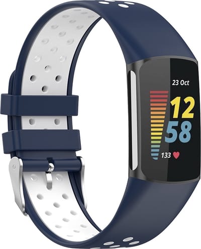 By Qubix - Compatible Fitbit bandje - Geschikt voor Fitbit Charge 5 - Fitbit Charge 6 Sportbandje met gesp - Donkerblauw / wit - Tweekleurig - Maat: L - Horlogeband - smartwatchbandje