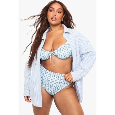 boohoo Dames Plus Gingham Floral Bikini-broek met hoge taille en zijband met strik | Baby Blue | Maat: 24