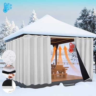 MUPOO Waterdicht Winddicht Deurgordijn - Thermisch Isolerend 405gsm - Verduisterend - Warmte & Koudwerend - Oogjes & Stangzak - Gewatteerd - voor Lakeside Cottages, Balkon, Thuis, Pergola(Grijsachtig wit, B132xH213cm)