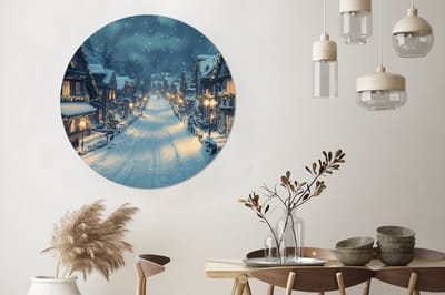 WallCircle - Wandcirkel - Muurcirkel - Kerstdorp - Kerst - Sneeuw - Winter - Aluminium - Dibond - 120x120 cm - Binnen en Buiten XXL