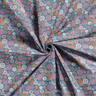 Poplin Katoen Stof Bedrukt - Mille Fleur Bloemen Petrol - 1 Meter