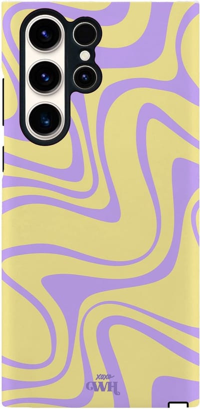 xoxo Wildhearts Sunny Side Up - Hoesje geschikt voor Samsung Galaxy S25 Ultra - Siliconen hoesje met dubbele beschermlaag - Luxe case - Stevige backcover - Golvenprint - Golvend patroon - golven - Geel / Paars