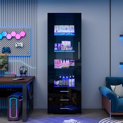MEUNIQ vitrine 60 x 35 x 180 cm met LED-verlichting, 3 lades, acryl deur en glazen legplanken, hoogglans zwart, staande opbergkast voor woonkamer