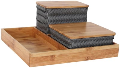 Organizer - Opbergmanden met bamboe deksel en vierkante tray - Bureau Organizer - Bureauhouder - Bureau accessoires Set - Set manden met deksel - Handgemaakt - Duurzaam - Organize (F)it ! - dark grey