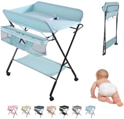Inklapbare Luiertafel met Opbergmand - Draagbaar en Verstelbaar voor Baby's - Lichtblauw (80 x 66 x 98 cm)