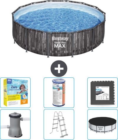 Bestway Rond Steel Pro MAX Zwembad - Houtprint - 427 x 107 cm - Inclusief Pomp - Ladder - Afdekzeil Onderhoudspakket - Filter - Vloertegels