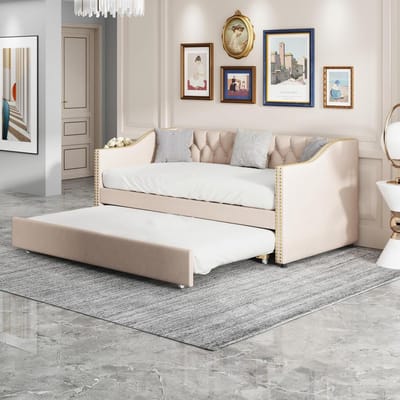 Dagbed Uittrekbaar - Slaapbank Gestoffeerd - Logeerruimte Creëren - Met Lattenbodem - 90 x 200 cm - Beige