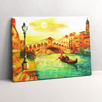 Wallfluent Foto Op Canvas Venetië - gondel en Rialtobrug - 80 x 60 cm - Groente Schilderijen Op Canvas Doek - Steden Canvas Doek Foto - Imitatie van een olieverfschilderij Print Van Doek - Kunst Canvas Schilderij