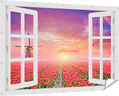Gards Tuinposter Doorkijk Rode Rozen Bloemenveld met een Windmolen - 180x120 cm - Tuindoek - Tuindecoratie - Wanddecoratie buiten - Tuinschilderij