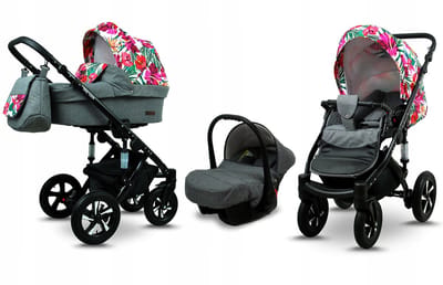 BabyLux® Kinderwagen 3in1 – SKY LARK - Grey Flex Hibiscus BLACK FRAME - Opklapbare Wandelwagen incl. Reiswieg, Multifunctionele Buggy Sportstoel, Autostoel - Combi-kinderwagen met Luiertas, Regenhoes, Klamboe, Bekerhouder, etc.