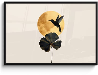 Poster in lijst - Fotolijst 120x80 cm - Posters - Zwarte kolibrie - Bloem - Gouden cirkel - Posterlijst zwart - Decoratie - Wanddecoratie woonkamer - Muurdecoratie slaapkamer