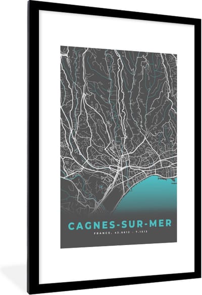 Fotolijst incl. Poster - Plattegrond - Kaart - Cagnes-sur-Mer - Stadskaart - Frankrijk - 80x120 cm - Posterlijst
