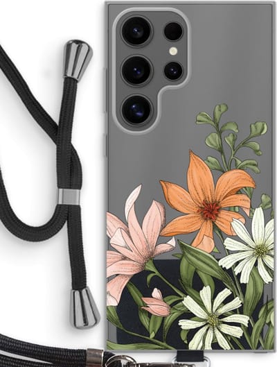 Case Company® - Hoesje met koord geschikt voor Samsung Galaxy S24 Ultra hoesje met Koord - Floral bouquet - Telefoonhoesje met Zwart Koord - Bescherming aan alle Kanten en Over de Schermrand