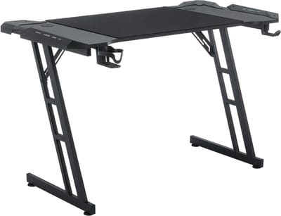 NAIZY 140x60cm Vrijstaand bureau Gamer Computertafel Ergonomische Gamingtafel Kantoortafels met draadgat, bekerhouder en hoofdtelefoonaansluiting, pc-gamingtafel met LED