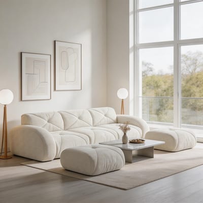 Komhtom - U-vormige modulaire driezitsbank en frame-loze modulaire bank - inclusief 2 poefs - van comfortabele stof met antislipontwerp - geen montage nodig - geschikt voor de woonkamer - wit