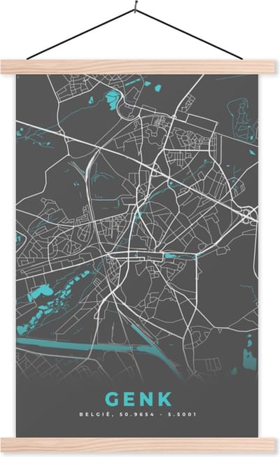 Posterhanger incl. Poster 40x60 cm - Schoolplaat - Kaart – Plattegrond – Stadskaart – Genk – België - Grijs - Textielposter - Blanke latten - Stadskaart