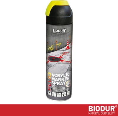 BIODUR Acryl Markeerspray - Geel - 500 ML - Fluorescerend - 360 graden Ventiel - Weer/UV-bestendig - Sneldrogend - Hoge zichtbaarheid