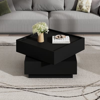 MODFU Salontafel - 360° Draaibaar Met 2 Laden - Minimalistisch - Woonkamer - Spaanplaat - Zwart - 60 X 60 X 38 Cm