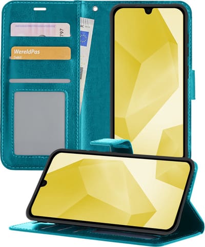 Hoesje - Met Pasjeshouder - Geschikt voor Samsung Galaxy A16 - Luxe Bookcase Portemonee - Flip Case - Kunstleer Book Case - Flipcase - Book Cover - Walletcase - Portemonneehoes - Telefoonhoesjes - Turquoise