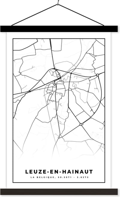 Posterhanger incl. Poster 40x60 cm - Schoolplaat - België – Leuze en Hainaut – Stadskaart – Kaart – Zwart Wit – Plattegrond - Textielposter - Zwarte latten - Stadskaart
