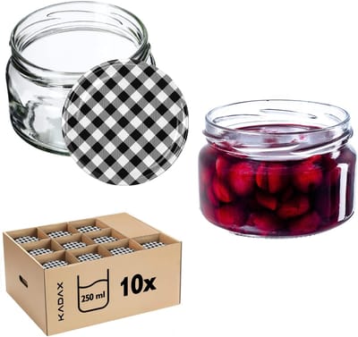 KADAX Kleine inmaakpotten, 250 ml, jampotten met deksel, luchtdichte potten om cadeau te geven, mini-potten voor honing en specerijen (10 stuks, zwart geruit)