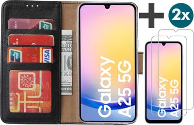 Hoesje met 2 Stuks Screenprotectors Geschikt voor Samsung Galaxy A25 – Arara bookcase met pasjeshouder - Zwart