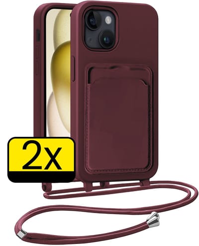 Hoesje Geschikt voor iPhone 15 Plus Telefoonhoesje Met Koord Case Pashouder Siliconen - Hoes Geschikt voor iPhone 15 Plus Hoesje Met Kaarthouder - Aubergine - 2 Stuks
