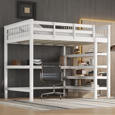VVBV Ruimtebesparende Hoogslaper 140x200 cm - Bureau, Voor Kinderen/Tieners, Planken - Wit - Zonder Matras